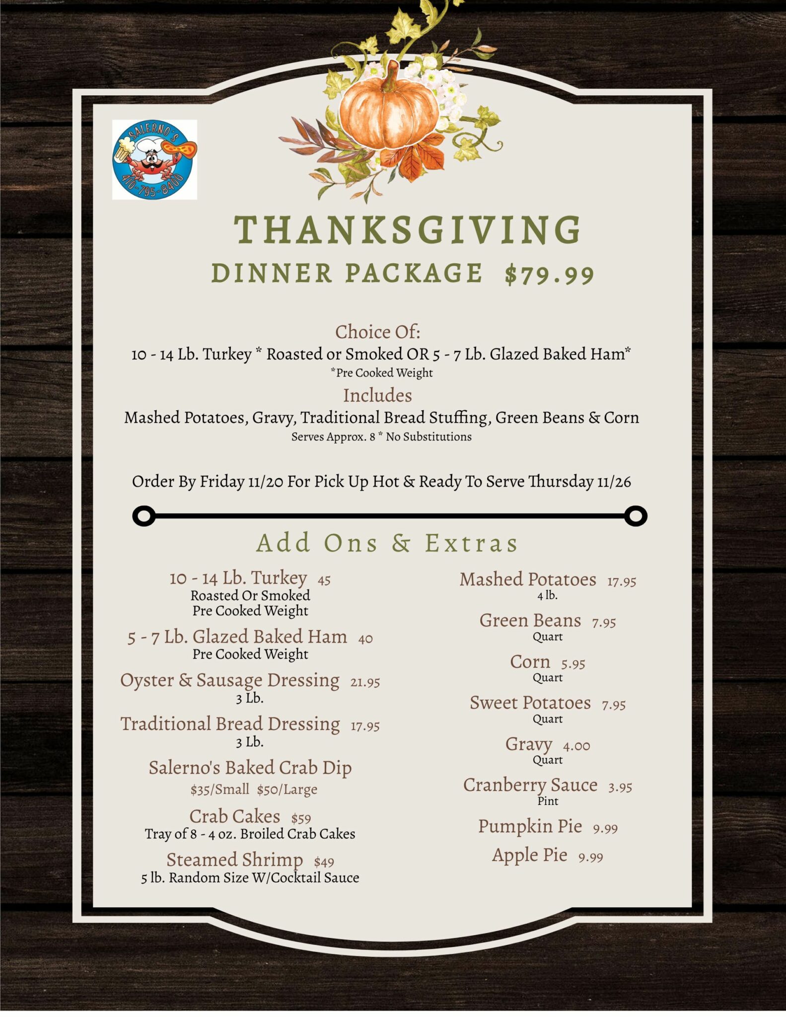 Thanksgiving Dinner Packages Salerno's Restaurant & Catering